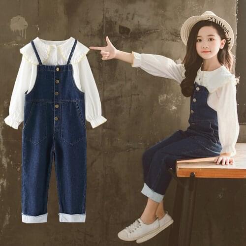 2021 New Sweet Girl Jumpsuit Korean Denim Overalls Doll Collar Shirt Kids Baby Girls Clothes Long Pants Denim Jeans