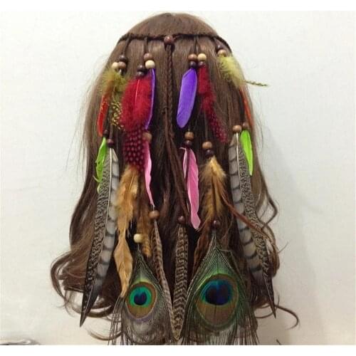 Indian Ethnic Adult Peacock Feather Wooden Bead Pendant Hair Lead With Hand-Woven Stretch Hair Accessories Headdress Jewelry