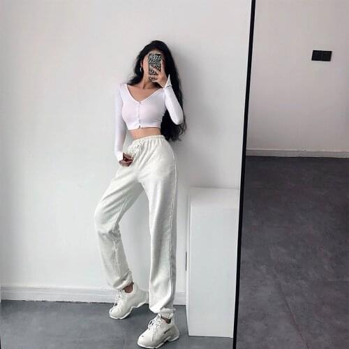 High waist casual sports pants womens autumn and winter new ins fashion elastic waist loose slim trousers all-match