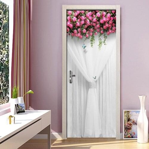 Wedding Rose Girl Bedroom Parlor Door Sticker 3D Wall Paper Mural PVC Waterproof Self-adhesive Door Sticker Papel De Parede