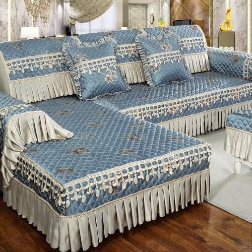 Navy Blue Luxury Cotton Linen Sofa Cover Grey Jacquard Embroidery Sofa Towel Thick Soft Cushion Pillowcase Exquisite Sofa Set D4