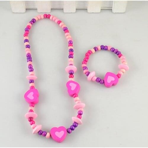 TopHanqi Lovely Heart Girls Jewelry Sets Colorful Wood Beads Necklace Bracelet For Kids Childrens Birthday Party Jewelry Gift