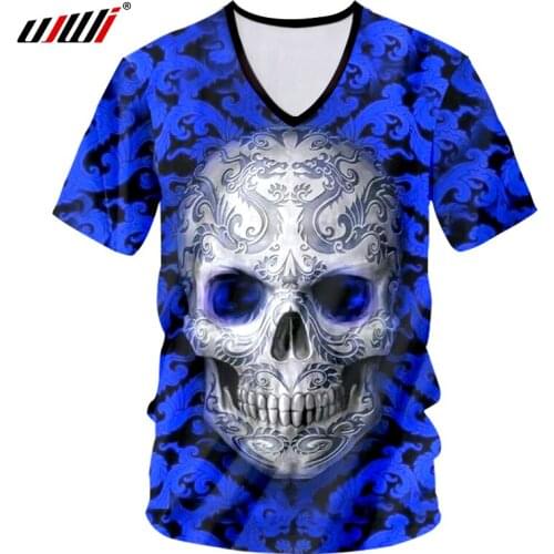 UJWI V Neck T-shirt Men Cool Print Embroidery Skull Tshirts Hombre Hip Hop Streetwear Short Sleeve Undershirts Homme 7XL
