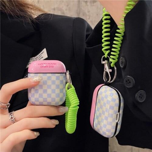 Plaid Letter Elastic Lanyard Earphone Charging Hard Cover For Apple AirPods 1 2 Pro Bluetooth-Compatible Headset Protect Case