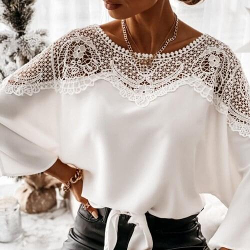 2021 Crochet Embroidery Lace Blouses Women Autumn Sexy Lace Stitching White Shirts Vintage S-2XL Plus Size Ladies Tops Blusas