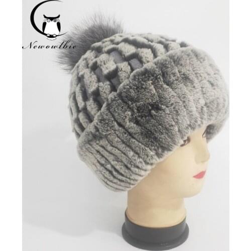 Womens Genuine Rex Rabbit Fur Hats Autumn and winter Scalable100% Fox Fur hair ball Warm Real Fur Knit High elasticity Caps