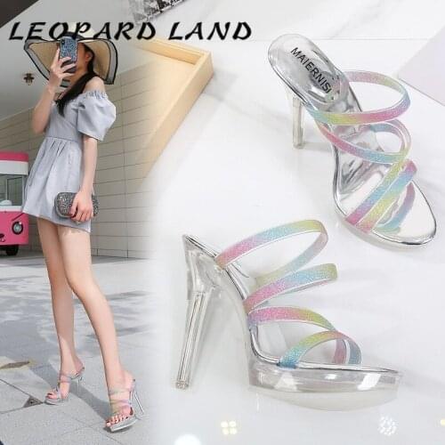 LEOPARD LAND 2020 Summer Fashion Shallow Mouth Ribbon High-Heeled Shoes Thin Heeled Fish Mouth Casual Crystal Womens Sandals WZ
