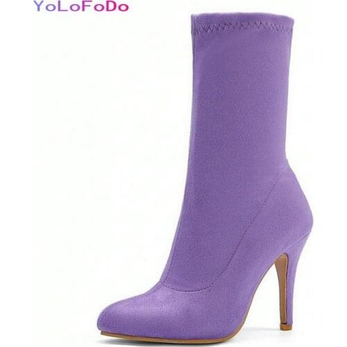 2021 Candy Colors Women Ankle Boots Faux Suede Thin High Heel Stretch Boots Fashion Pointed Toe Slip on Womens Shoes Big Size