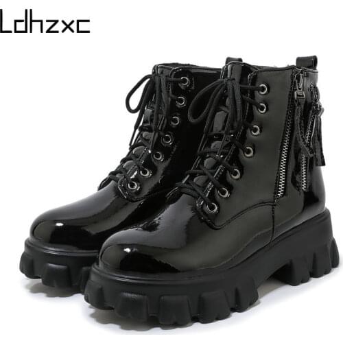 LDHZXC Women Botas Round Toe Platform Thick Heel Ankle Boots Woman Fashion Lace-up Chelsea Booties Autumn Winter White 42 46