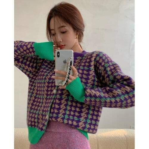 Houndstooth Print Vintage Crop Top Cardigan Women Autumn O-neck Elegant Chic Sweater Fashion Jumper Ladies Streetwear Cardigans
