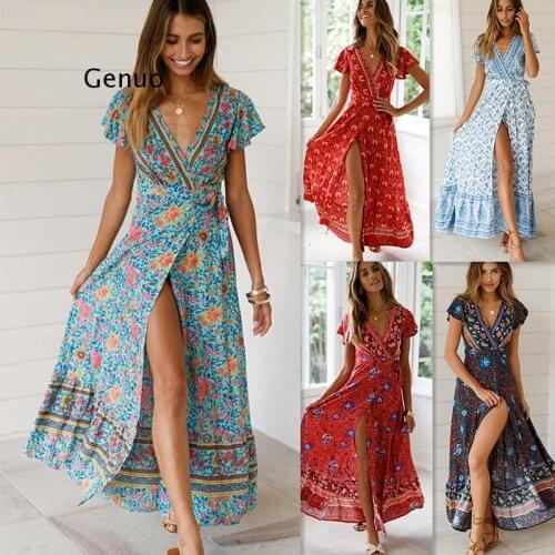 2021 Summer Women Dress Indie Folk Women Sexy Printed Bow Holiday Beach Wrap Dresses V-Neck Boho Dress Elegant Party Sundress