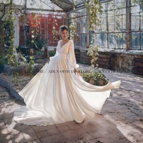 ADLN Fashion V-neck Chapel Train Wedding Dresses Backless Long Sleeves Boho Bridal Dress Chiffon Beach Wedding Gown Customized