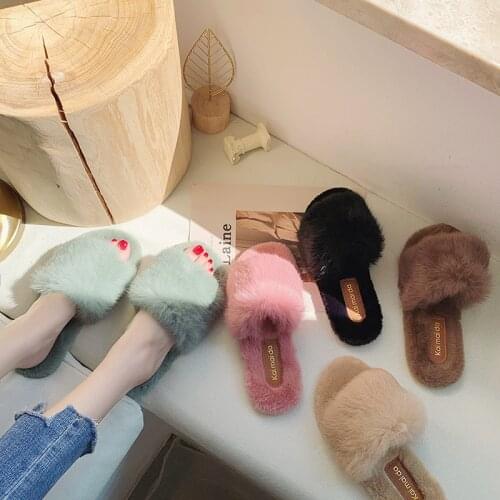 2020 Winter Fashion Fur Womens Shoes Female Flat Furry Slippers Thick Bottom Home Cozy Mules Shoes Women