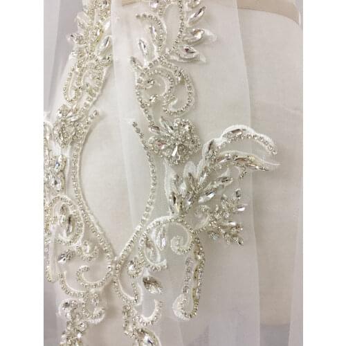 1 pair 2 pieces Exquisite Clear 3D Rhinestone Beaded Bridal Lace Applique for Wedding Sash Bridal Hair Flower Boutique