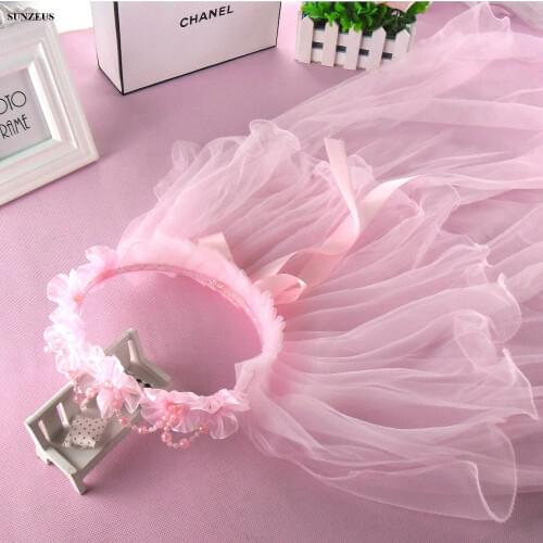 Pink Flowers Garland With Long Tulle Veils New Flower Girl Veil Sash Beading Two-layer Children Wedding Accessory Headwear