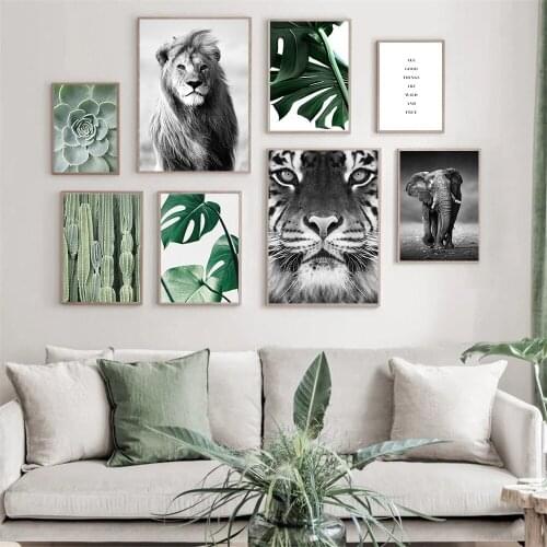 Cactus Green Leaves Posters And Prints Wild Animal Lion Tiger Elephant Canvas Painting Nordic Wall Art Picture Living Room Decor