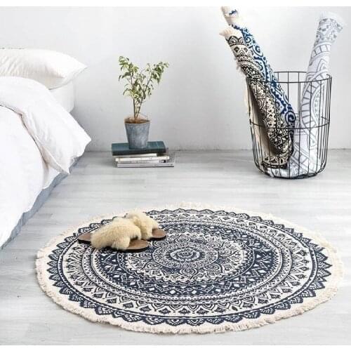 Ethnic Style Cotton and Linen Floor Mats Retro Plain Tapestries Handmade Carpets Bedroom Bedside Mats Handmade Carpets