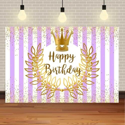 Seekpro Happy Birthday Party Baby Shower Purple Gold Crown Stripe Flower DIY Princess Girl Phpto Photography Background Backgrop