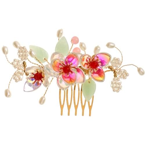 New Gold Hair Combs Clips Wedding Hair Jewelry For Women Bride Colorful Flowers Pearl Handmade Headpiece Accessories Party Grils