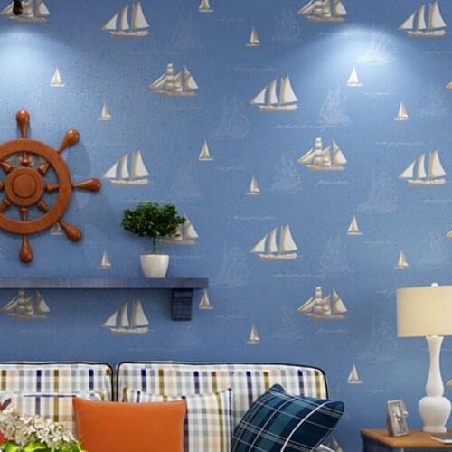 Beibehang Blue Big Nautical Boat Wallpaper Mediterranean Sailing Childrens Room Wallpaper Non-woven Green Pure Paper