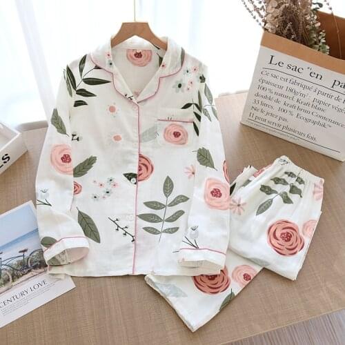 Womens Pajamas Two-Piece Ladies 100% Cotton Gauze Long-Sleeved Trousers Spring Summer Simple Flowers Loose Home WomenS Suit