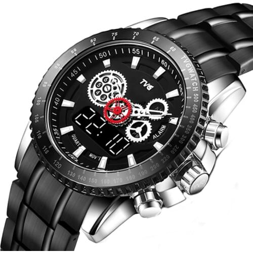 TVG Luxury Men Watches Men Military Sports Watches Mens Steel Belt Calendar Week Multi-Function Dual Display Quartz Watches