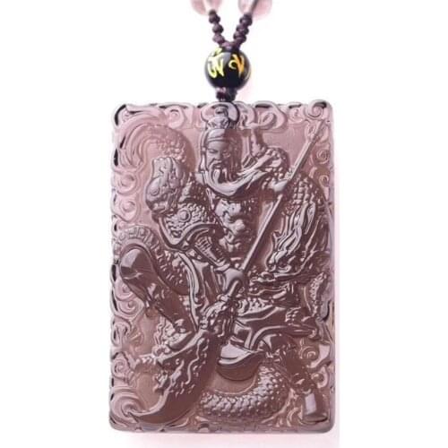 Handmade Weave Obsidian Stone Engraved Guan Yu Pendant Long Beads Chain Necklace Classic Style Jewelry