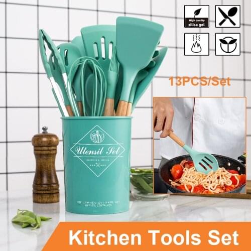 13PCS/Set Silicone Kitchen Tools Set Food Grade Cooking Utensils Spoon with Wooden Handle Kitchenware with Storage Bucket