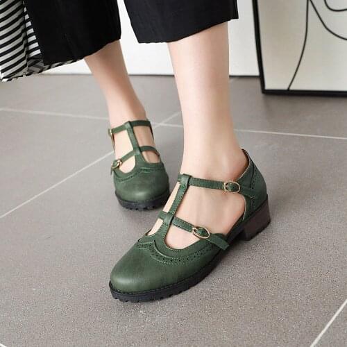 New Spring Women Shallow Brogue Shoes Vintage Chunky Heel Cut Out Oxford Shoes Ankle strap buckle Elegant Ladies Classic Shoes