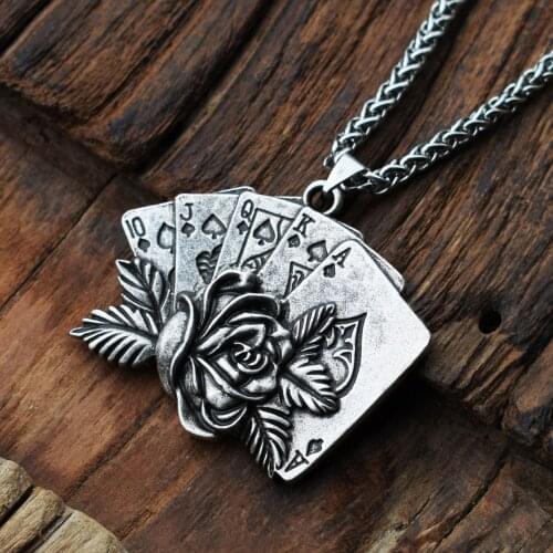 10PCS Vintage Straight Flush Playing Card Jewelry Chain Mens Poker Rose Flower Necklace
