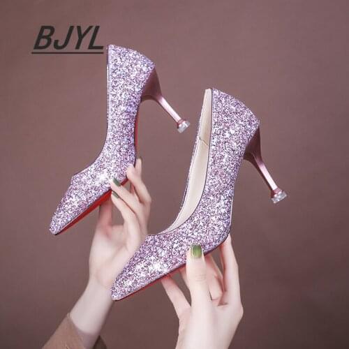 2021 Spring and Autumn Summer New Ladies High Heels Sexy Wine Glass Cat with Shallow Mouth Sequin Shoes