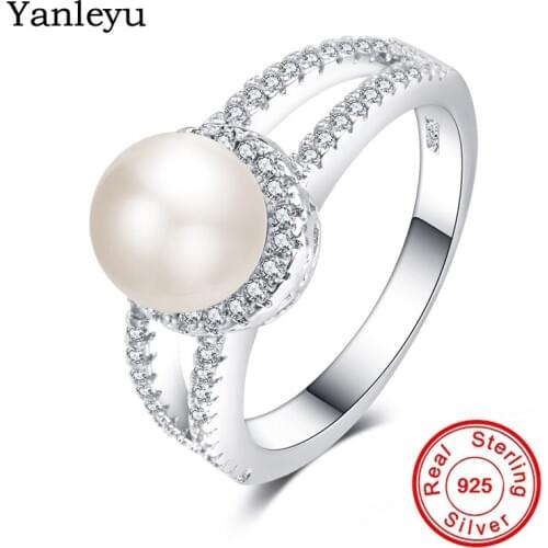 Yanleyu 925 Sterling Silver Simulated Pearl Rings for Women AAA Cubic Zircon Fashion Jewelry Vintage Wedding Rings Gifts PR042