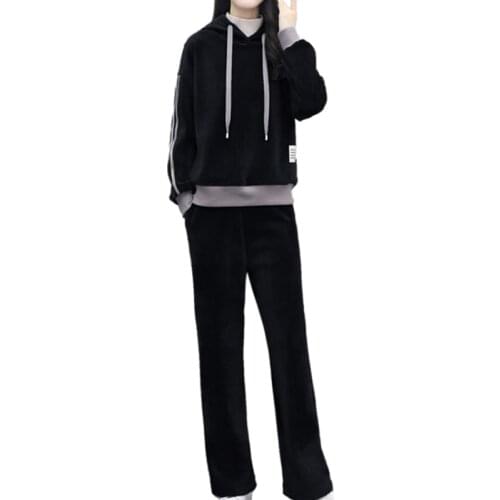 Gold Velvet Tracksuit Womens Set Spring Autumn Sport Suit Plus Velvet Thick Hoodies+ Pants Warm Sweatshirt Autumn Sportswear