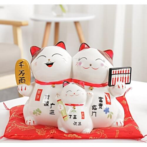 8 inch Maneki Neko Ceramic Lucky Cat Money Box Family Portrait Fortune Cat Porcelain Statue Piggy Bank