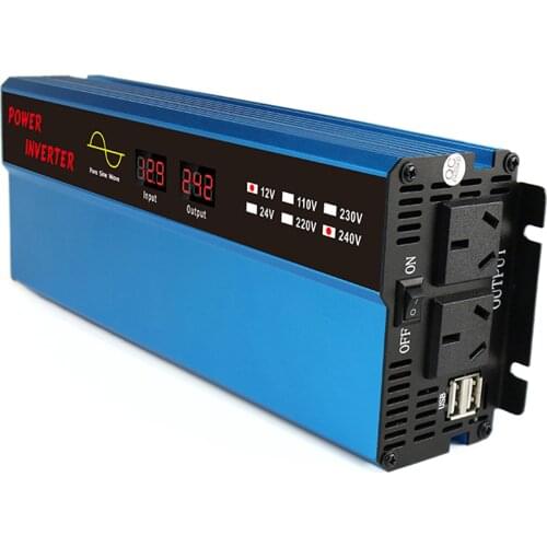 Pure Sine Wave 1000W 2000Watt Car Power Inverter Converter DC 12V to 220V AC with 1 AC Outlets 2x6A USB Ports LCD Display