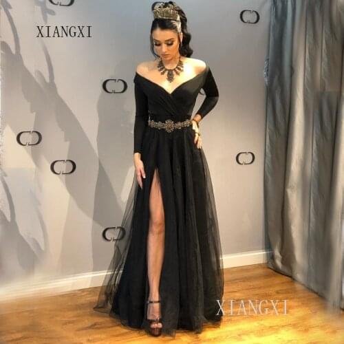 Black Long Evening Dress Boat Neck A-Line Off The Shoulder Full Sleeves Belt Floor Length Formal Gowns Party Dress vestidos