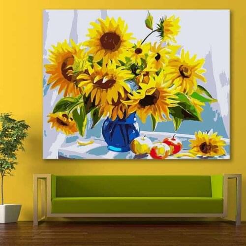 DIY colorings pictures by numbers with colors Sunflower flower still life picture drawing painting framed Home