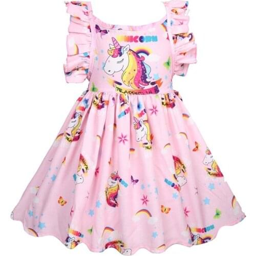 Unicorn Girls Dress Colorful Full Printed Pure Cotton Dresses For Girl Summer Kids Home Party Clothes Children Birthday Present
