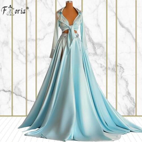 Elegant Two Pieces Light Blue Prom Party Dresses Crystals Long Sleeves Shirt Long Evening Gowns With High Split Plus Size