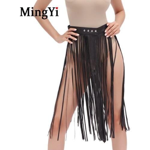 Leather Tassel Skirt Ladies Girls Black Sexy Long Fringe Latin Dance Skirts Women High Waist Belt Skirt For Club Party Female