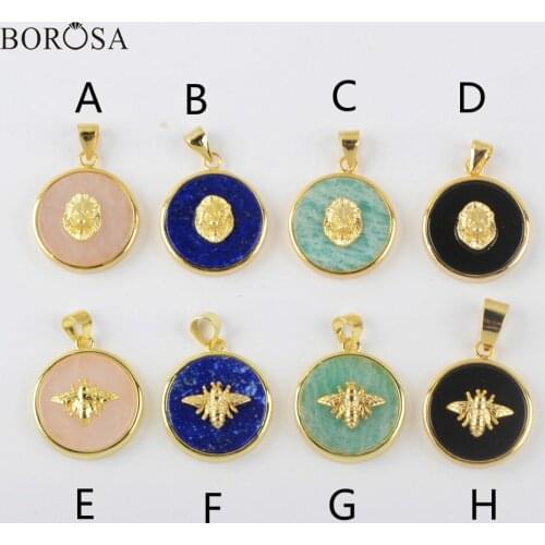 BOROSA 18mm Round Gems Stone Charms for Necklaces Natural Amazonite Pink Quartz Pendant with Gold Insect Pattern Fashion WX1521