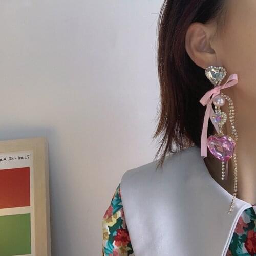 Minar Exaggerated Spark Love Heart Crystal Rhinestone Tassel Earrings for Women Pink Bowknot Hanging Drop Earrings Oorbellen