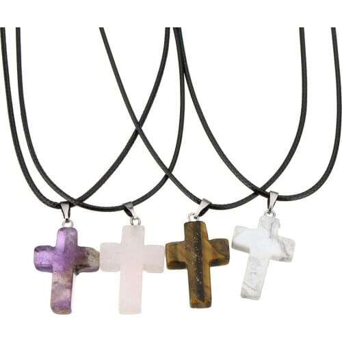 Fashion Natural Stone Necklace PU Leather Cord Cute Cross Pendant Necklace Crystal Quartz Jewelry