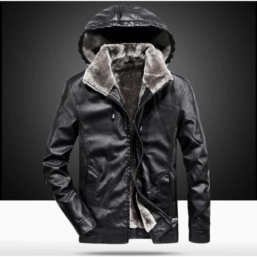 Winter Leather Jacket Men Velvet Thick Warm Motorcycle Jacket Men Windbreaker Hooded Fleece Coat Men M-4XL Chaqueta Moto Hombre