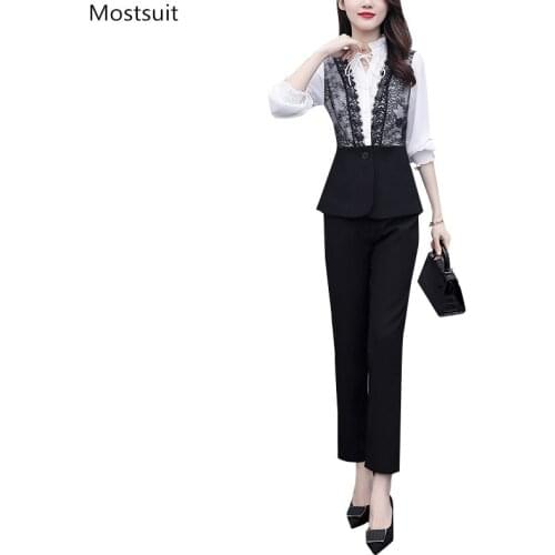 Autumn Fashion Elegant Two Piece Set Women Plus Size Long Sleeve Lace Patchwork Tunic Tops And Elastic Waist Pencil Pants Korean