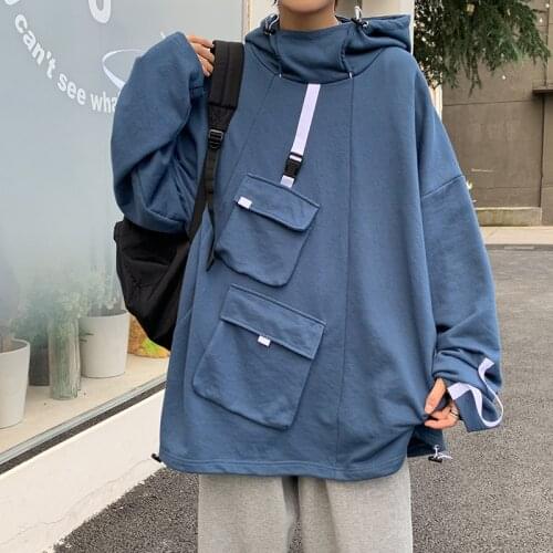 Autumn Multi-pocket New Loose Sweatshirts Male Hooded Jacket Pullover Coat Men Solid High Street Hoodies Cargo Hip Hop Hoodie