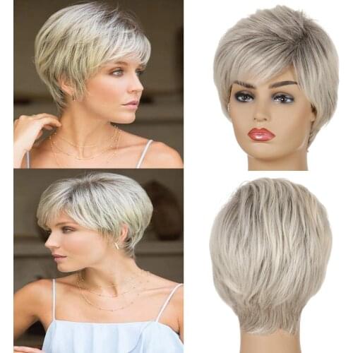 GURUILAGU Blonde Wig Synthetic Straight Hair Pixie Cut Wigs for Women Natural Wig With Bangs Heat Resistant Fiber Short Wig