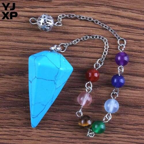 YJXP Silver Plated Link Chain 7 Beads Chakra Reiki Stone Pendulum Blue Turquoises Hexagon Pyramid Pendant Jewelry for Women Gift