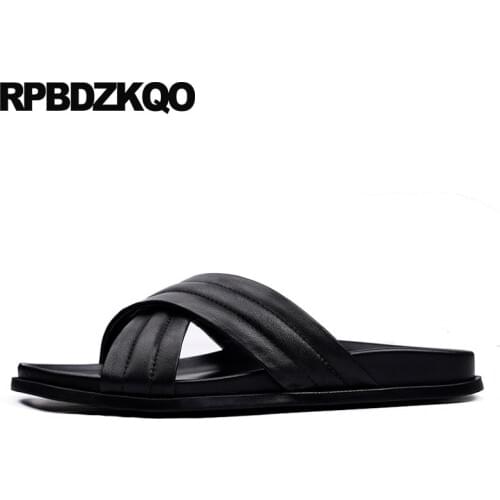 Beach slip on casual designer shoes flat genuine leather black men sandals summer open toe famous brand slippers 2019 slides