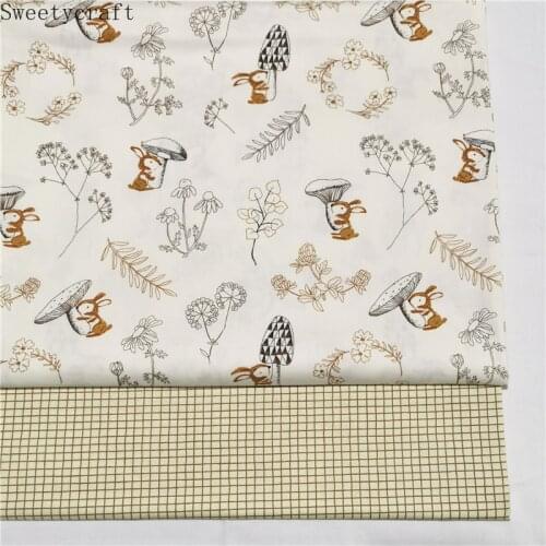 Bunny Leaves Grid Print Twill 100% Cotton Fabric,Patchwork Cloth,Sewing Bedding Quilting Fat Quarters Material For Baby&Child